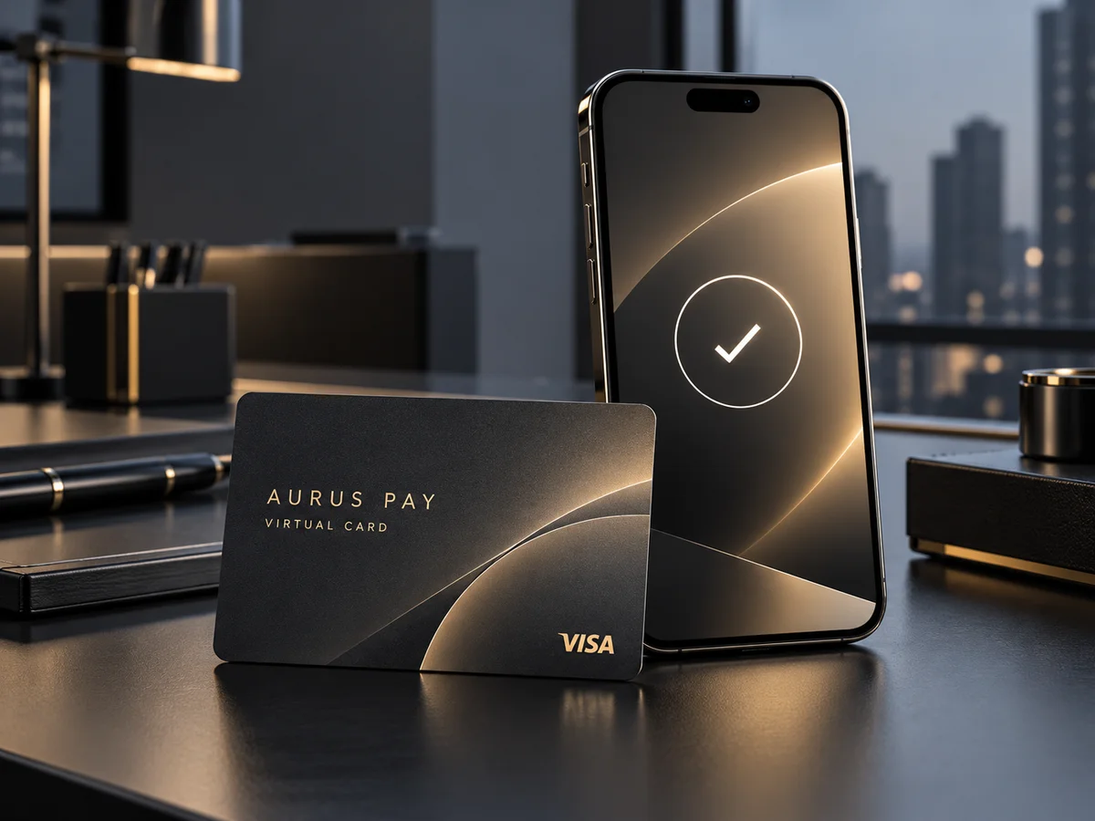 Концепт виртуальной карты Aurus Pay и смартфон в современном рабочем пространстве