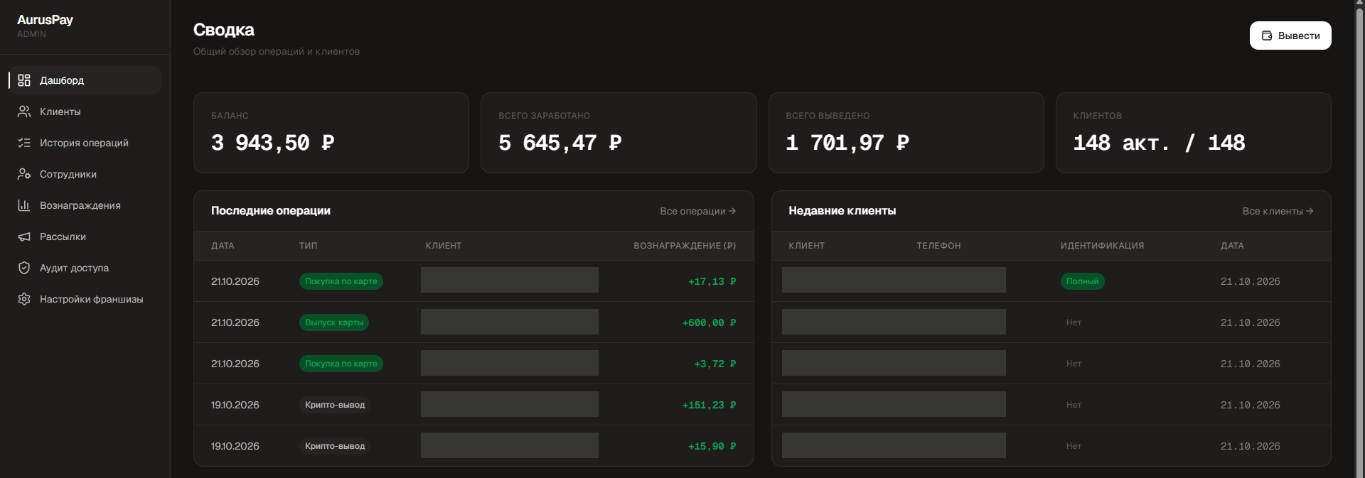 Кабинет Aurus Pay: баланс, заработано, выведено, количество клиентов, последние операции и список клиентов. Имена и телефоны скрыты.